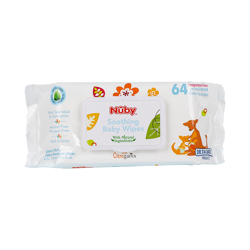 OEM Soft and skin-friendly nuby baby cleaning wet wipes 64pcs alcohol free baby powder gmpc sgs msds iso900 