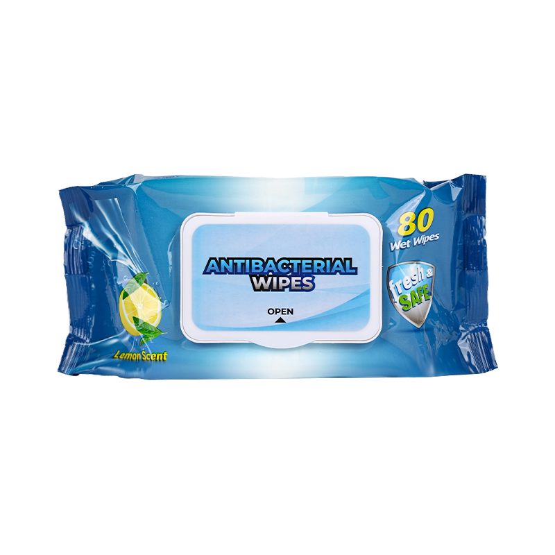 Customized logo free sample anti-bacterial cleaning wet wipes 80pcs with top lid fresh lemon scent kills bacteria 99.9%